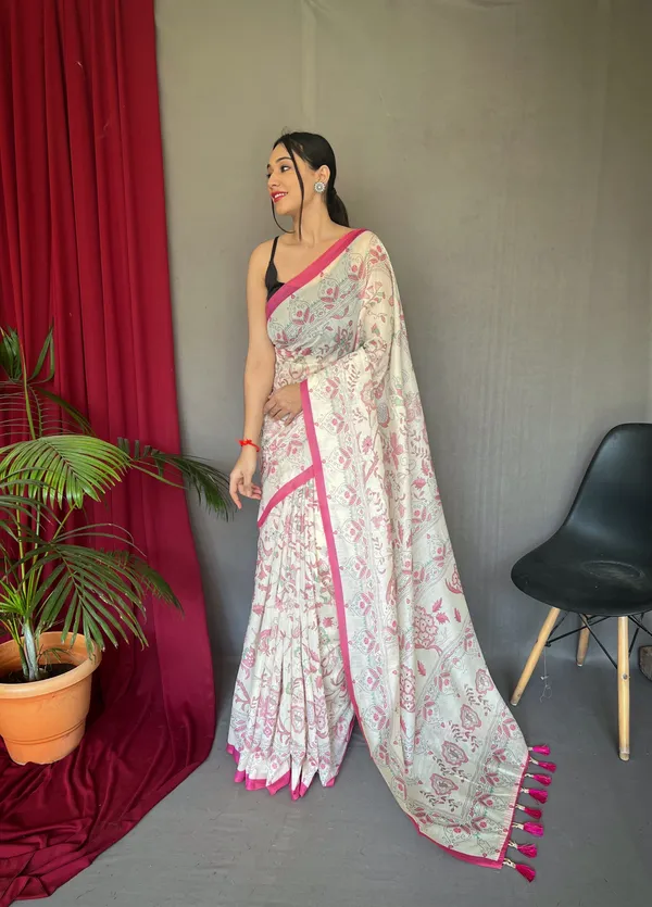 white_&_Pink_Pure_Malai_Cotton_Sarees_With_Katha_Print_Work_With_Blouse_Piece_Attached